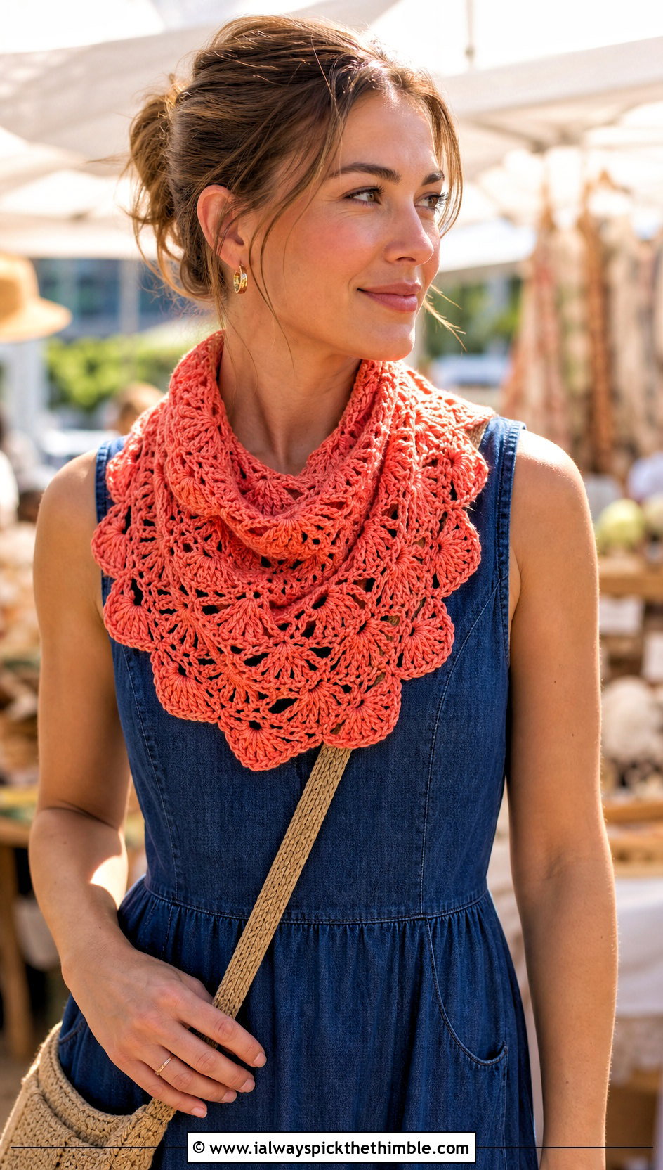 Shell Stitch Crochet Scarf With Denim Dress - 15 Dainty Crochet Scarf outfit ideas