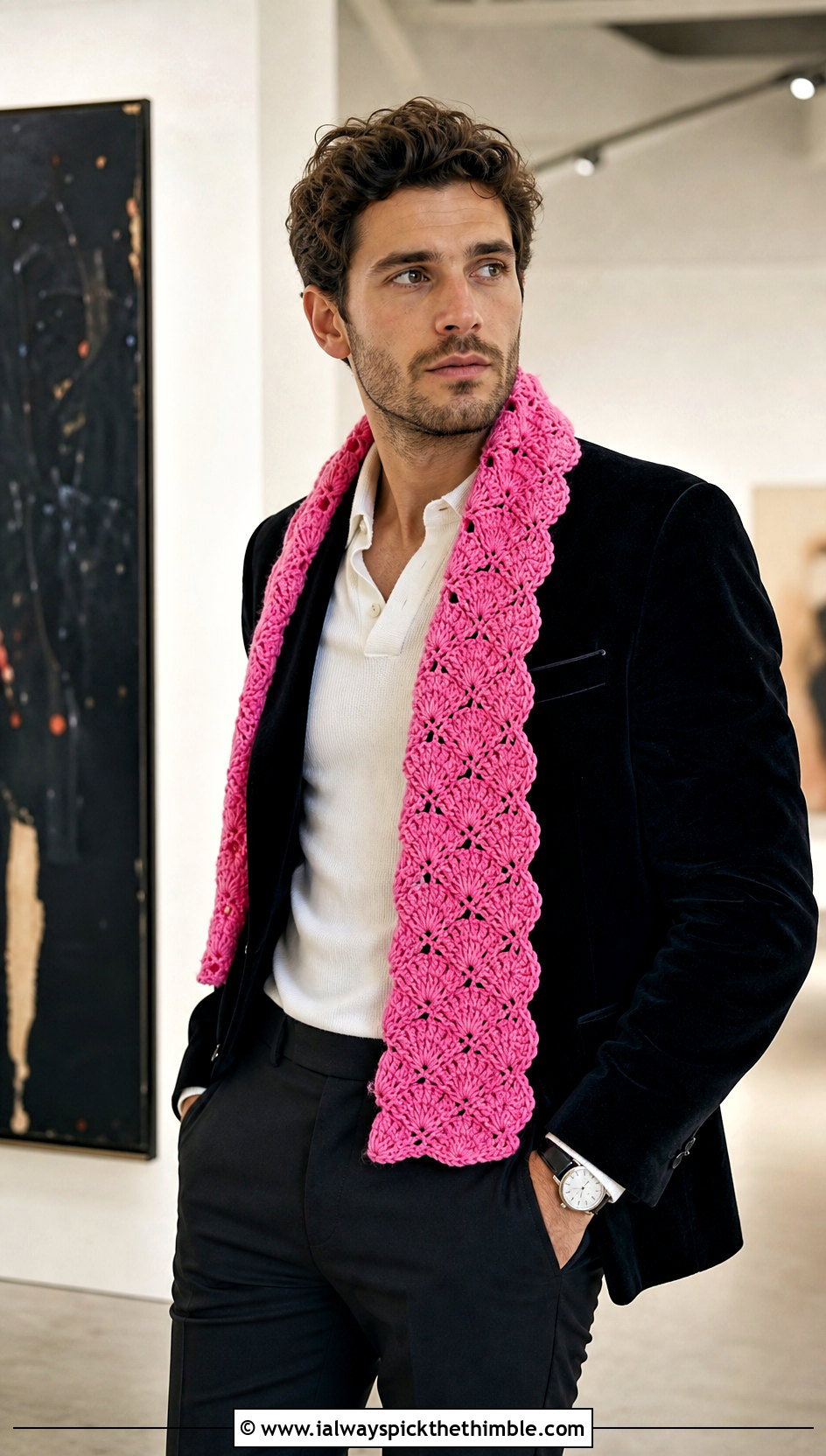 Shell Stitch Crochet Scarf With Evening Blazer - 25 men's crochet scarf outfit ideas