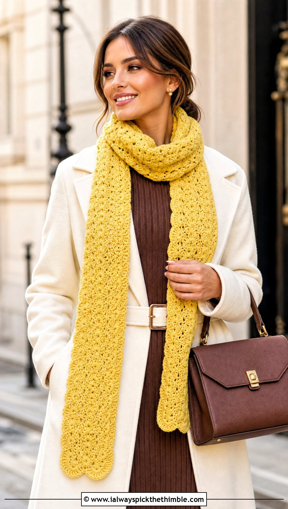 Shell Stitch Crochet Scarf With Knit Dress - 25 beginner crochet scarf outfit ideas