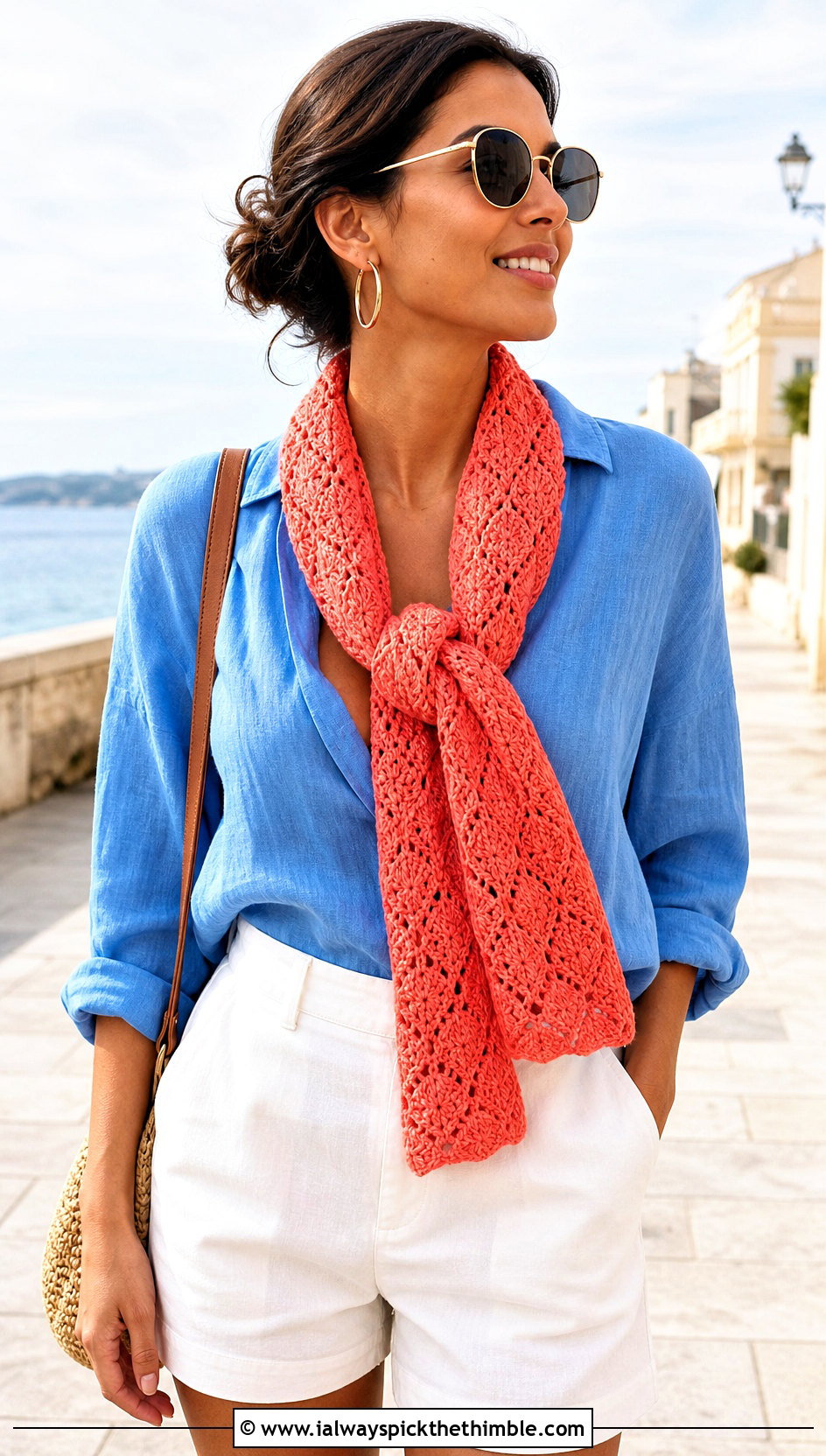 Shell Stitch Crochet Scarf With Linen Shirt And Shorts - 15 Small Neck Crochet Scarf outfit ideas