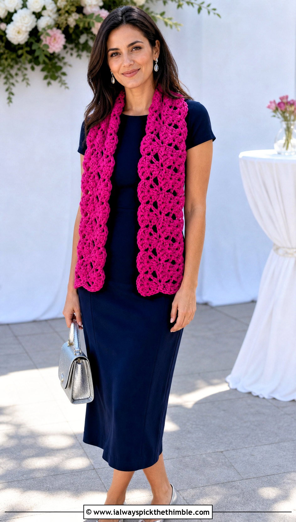 Shell Stitch Crochet Scarf With Midi Dress - 25 crochet scarf outfit ideas