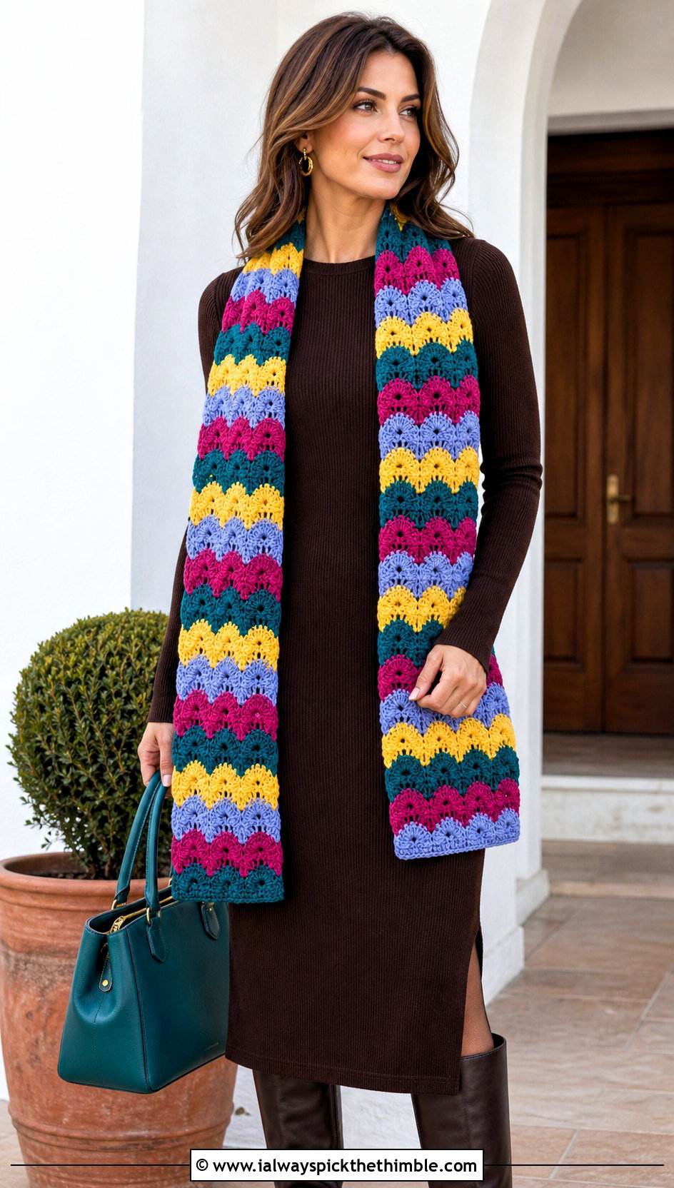 Shell Stitch Crochet Scarf With Midi Dress - 20 multi colored crochet scarf outfit ideas