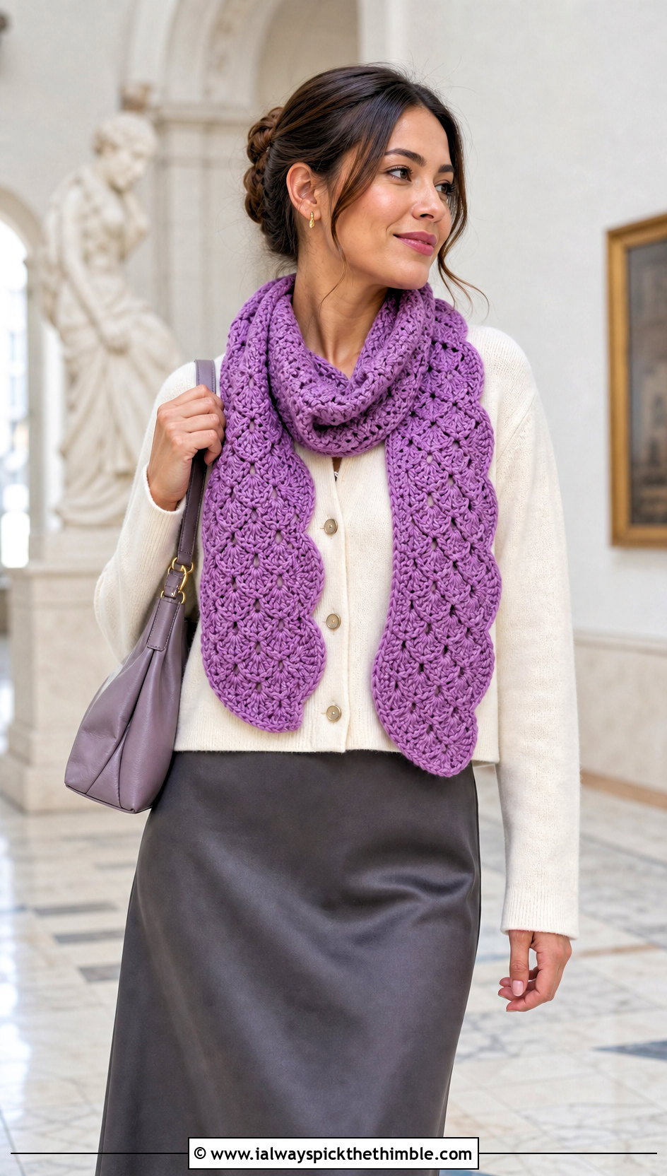 Shell Stitch Crochet Scarf With Midi Skirt - 20 Beginner Crochet Projects Scarf outfit ideas