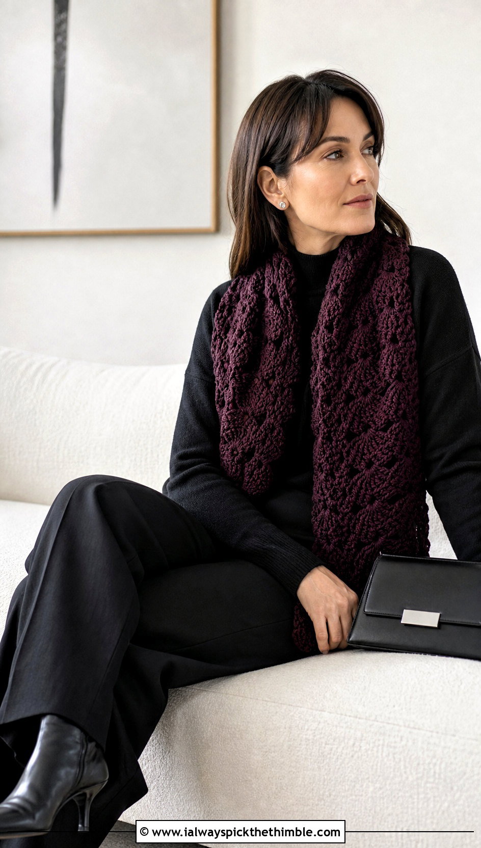 Shell Stitch Crochet Scarf With Monochrome Outfit - 20 easy crochet scarfs outfit ideas