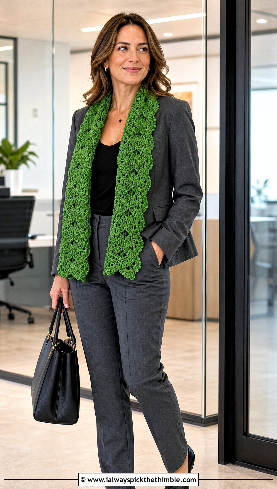 Shell Stitch Crochet Scarf With Pantsuit - 25 simple crochet scarf outfit ideas