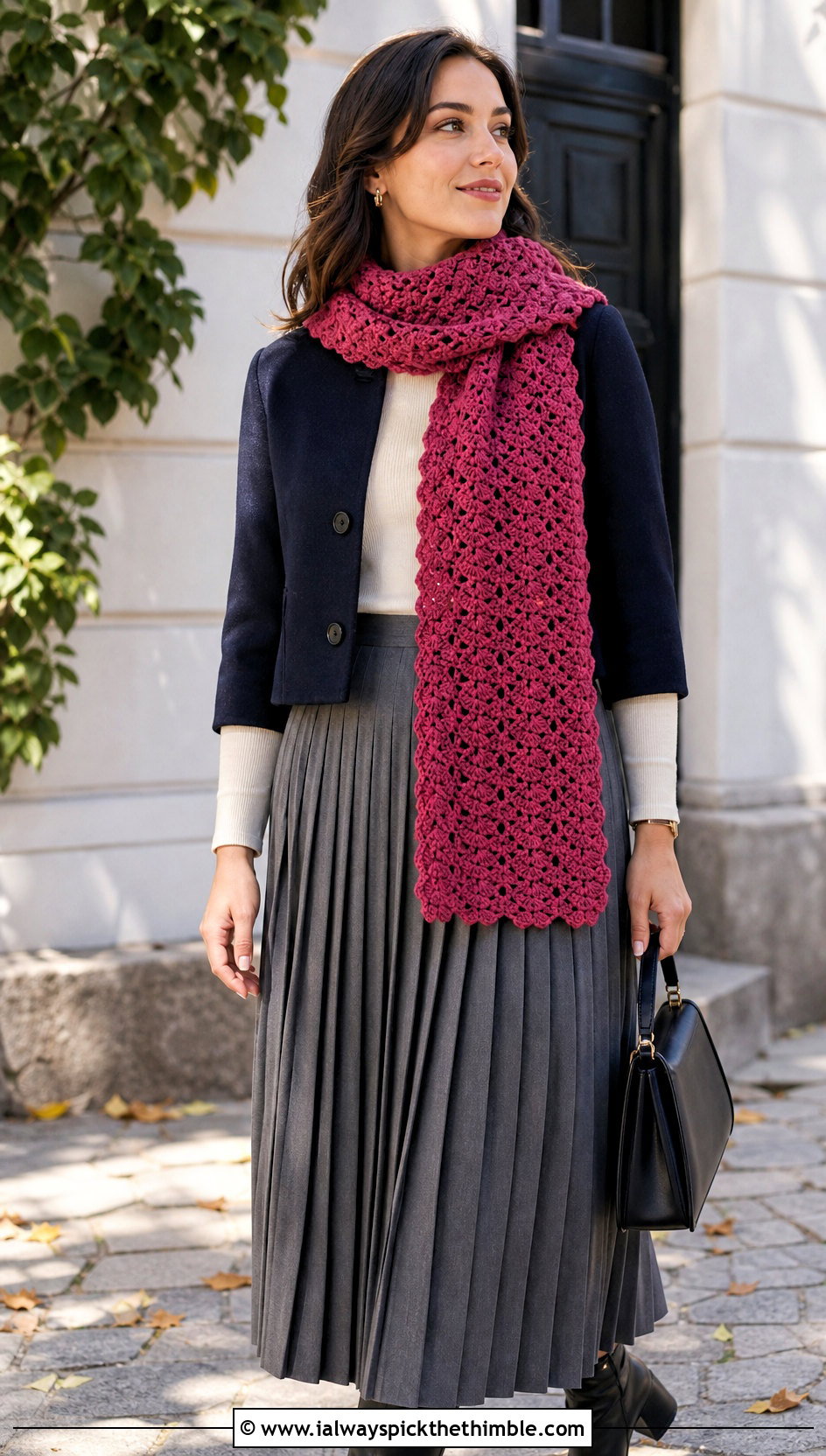Shell Stitch Crochet Scarf With Pleated Skirt - 25 crochet scarves outfit ideas
