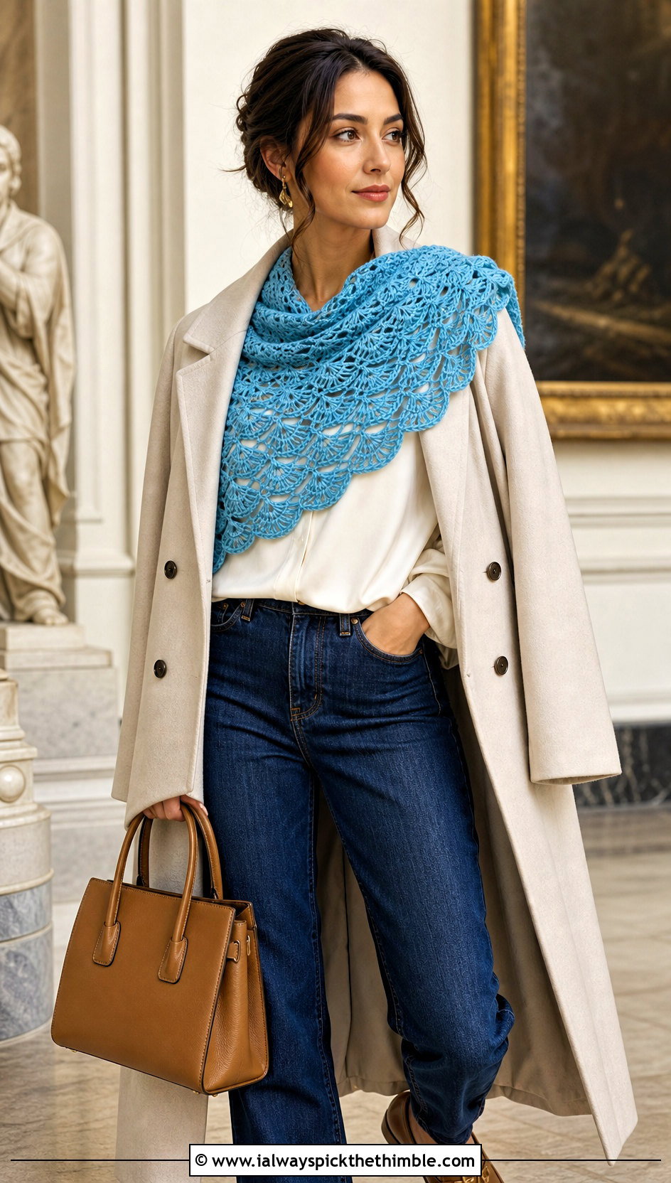 Shell Stitch Crochet Scarf With Raw Denim Jeans - 20 denim and crochet scarf outfit ideas