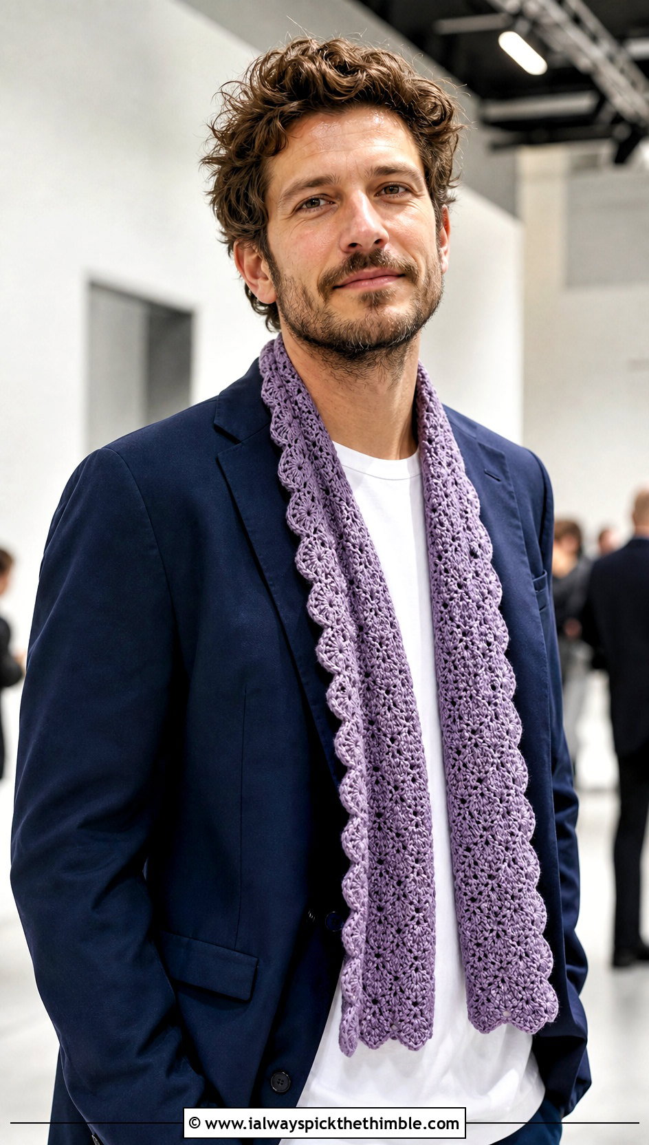 Shell Stitch Crochet Scarf With Relaxed Evening Suit - 20 men's crocheted scarf outfit ideas