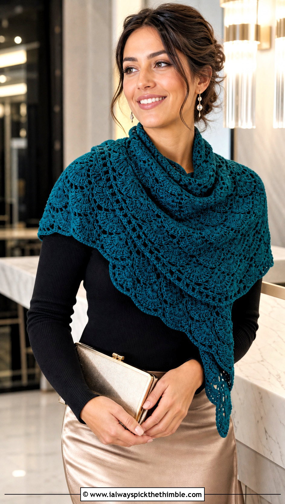 Shell Stitch Crochet Scarf With Satin Skirt - 25 crocheted scarf outfit ideas