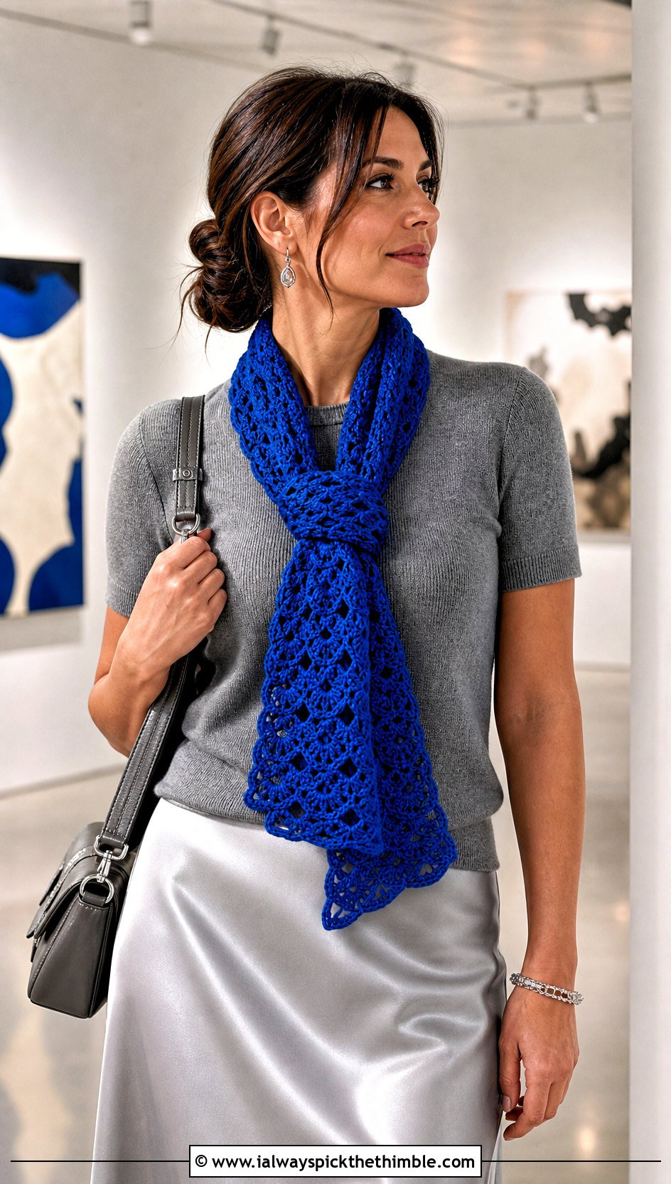 Shell Stitch Crochet Scarf With Satin Skirt And Knit Top - 15 Light Crochet Scarf outfit ideas