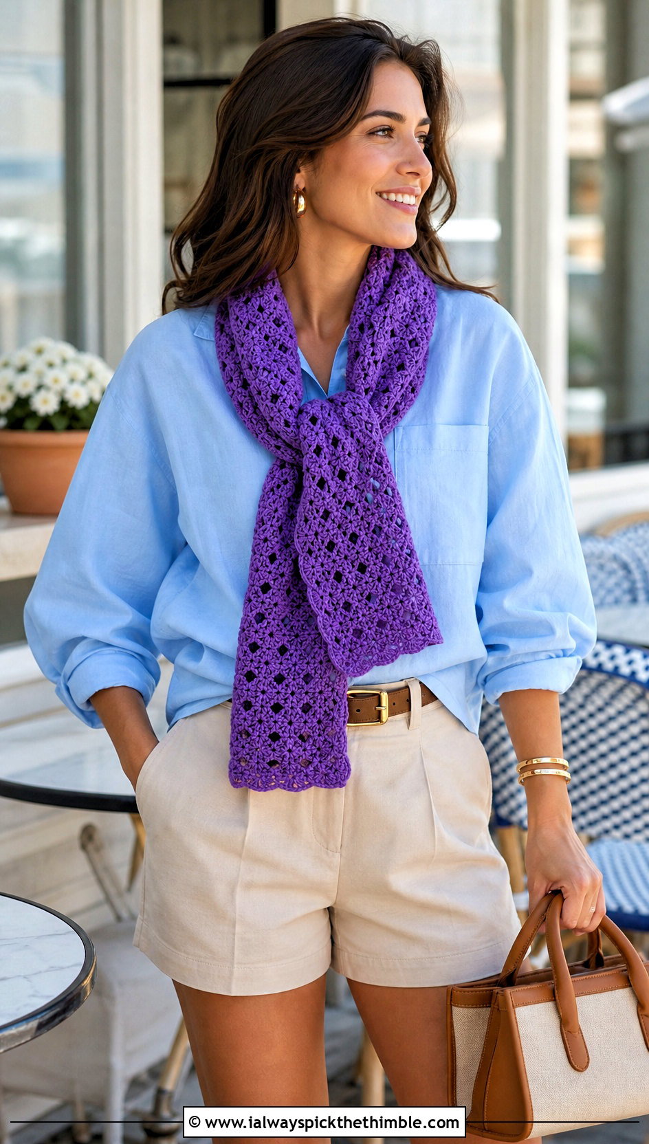 Shell Stitch Crochet Scarf With Shirt And Tailored Shorts - 20 crochet for scarfs outfit ideas
