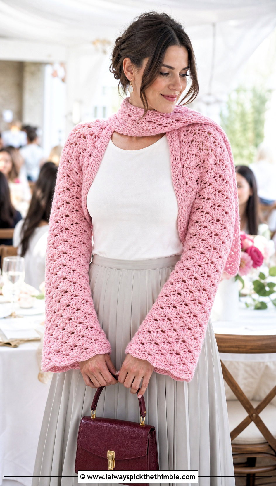 Shell Stitch Crochet Scarf With Sleeves And Pleated Skirt - 25 crochet scarf with sleeves outfit ideas