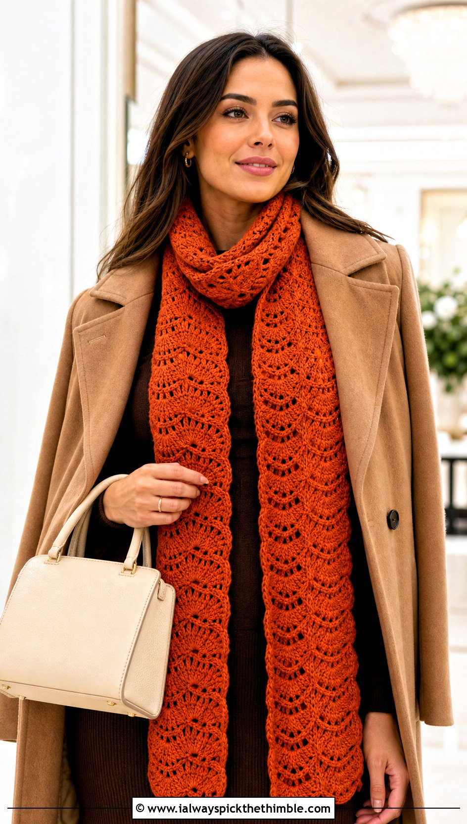 Shell Stitch Crochet Scarf With Sweater Dress - 20 Beautiful Crochet Scarf outfit ideas