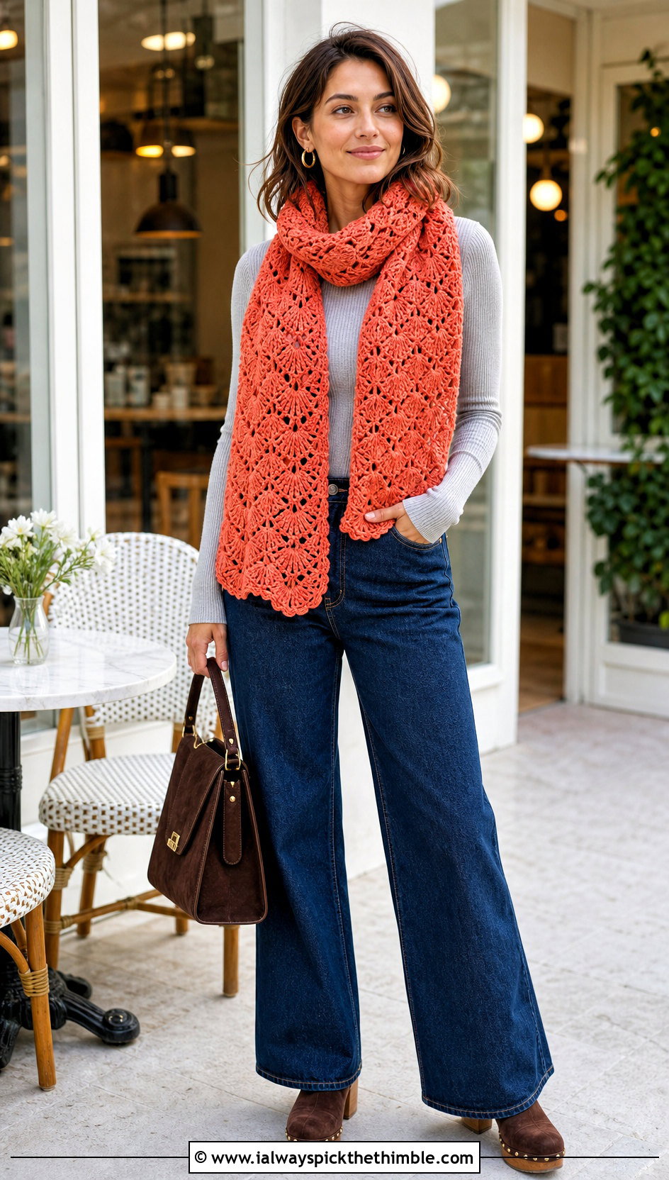 Shell Stitch Crochet Scarf With Wide Leg Jeans - 25 fun crochet scarf outfit ideas