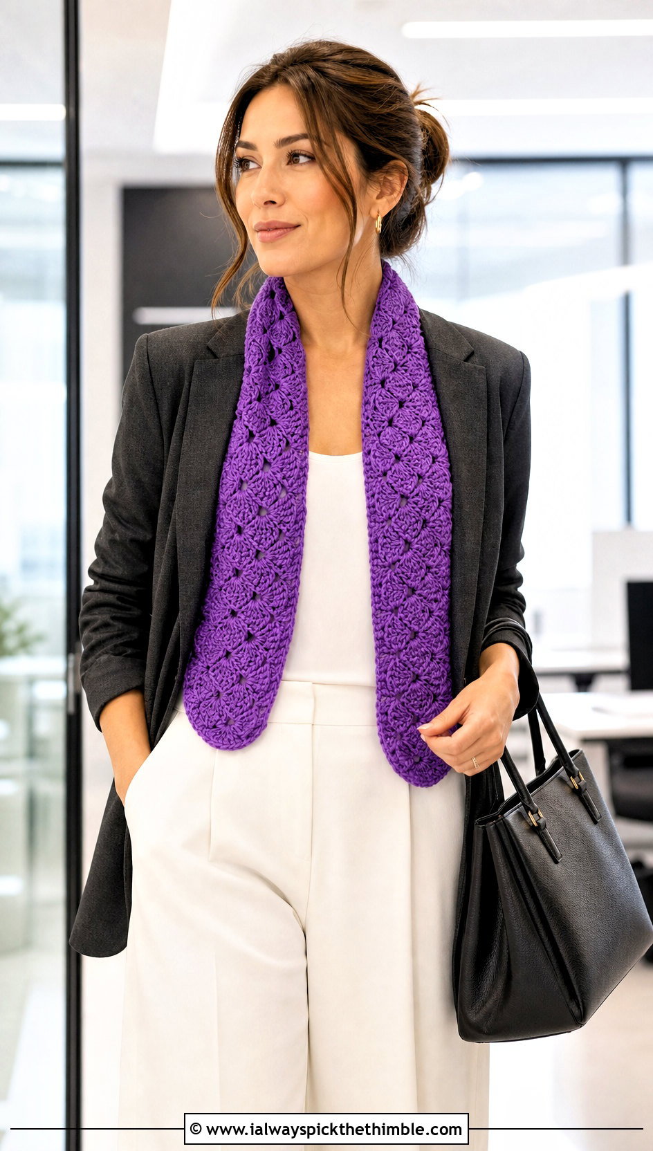 Shell Stitch Crochet Scarf With Wide Leg Suit - 20 crochet scarf design ideas