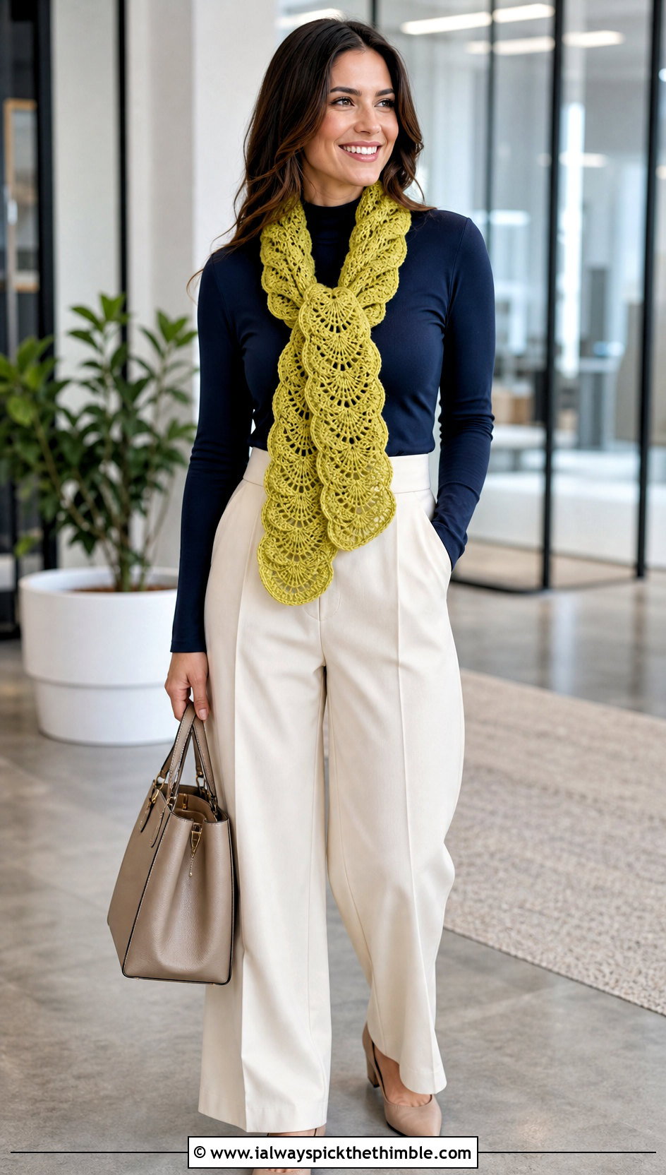 Shell Stitch Crochet Scarf With Wide Leg Trousers - 20 Crochet Fun Scarf outfit ideas