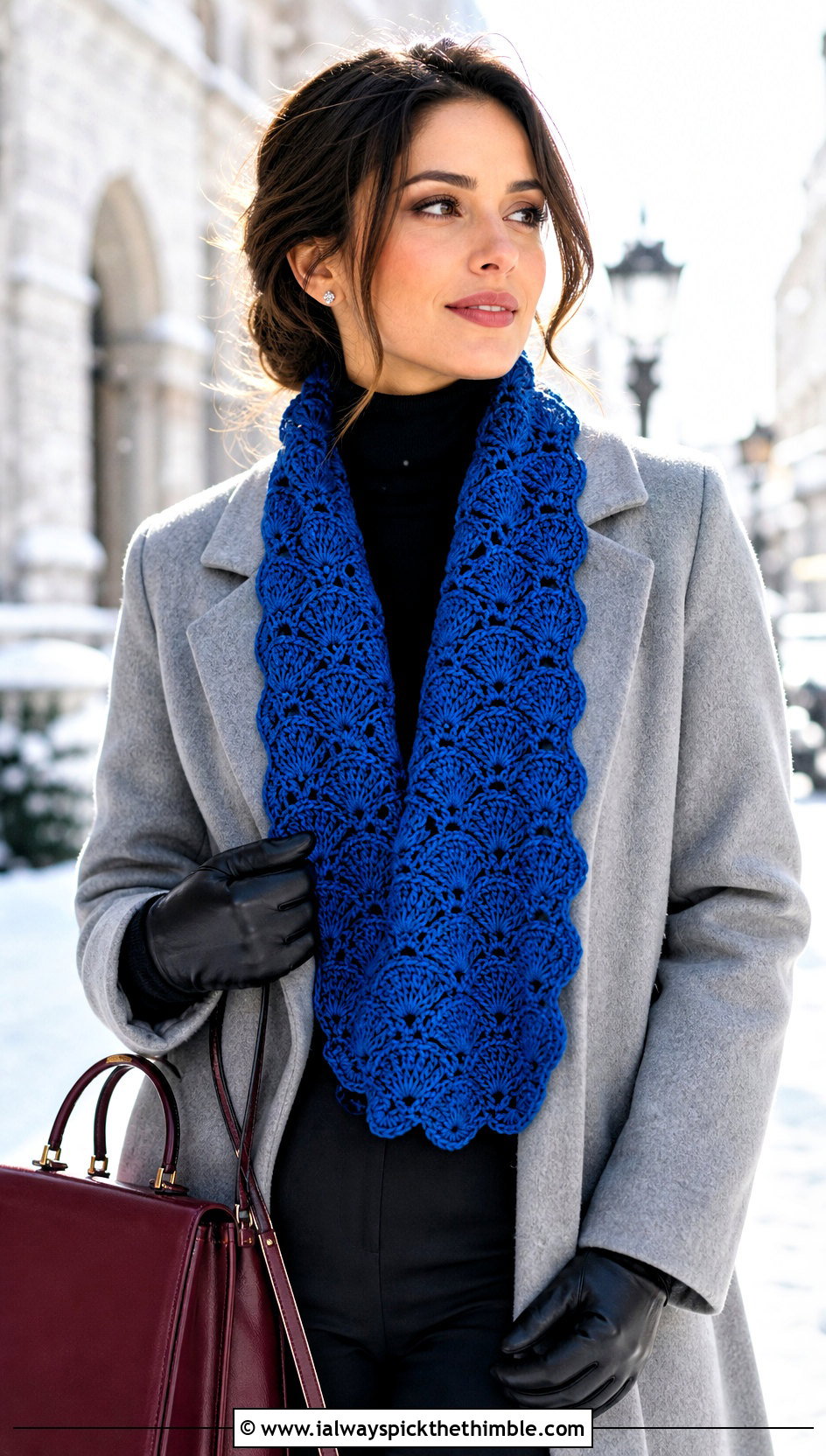 Shell Stitch Crochet Scarflette With Wool Coat And Turtleneck - 20 Tiny Crochet Scarf outfit ideas