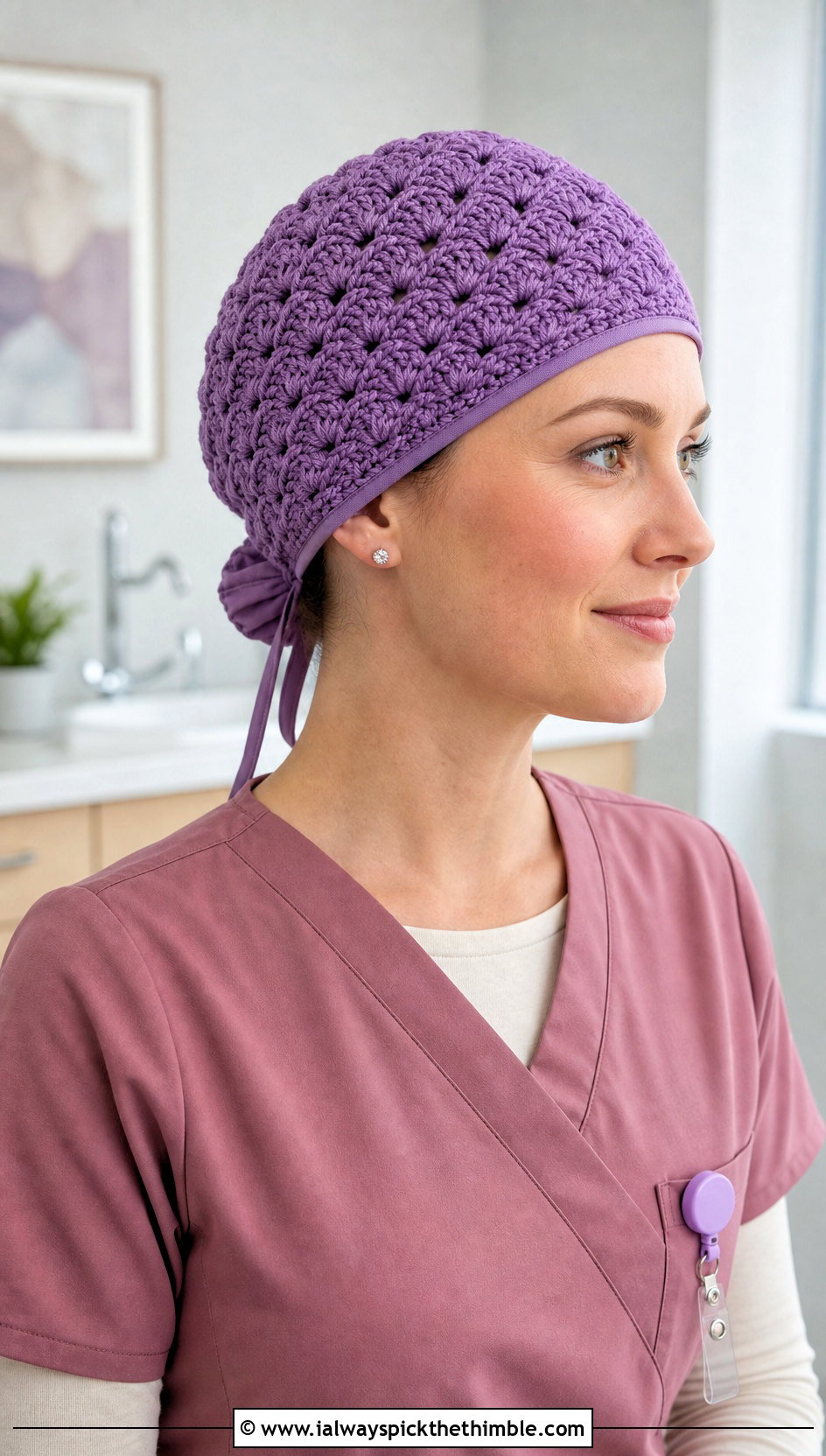Shell Stitch Crochet Scrub Cap With Feminine Scrubs - 20 Crochet Scrub Cap outfit ideas