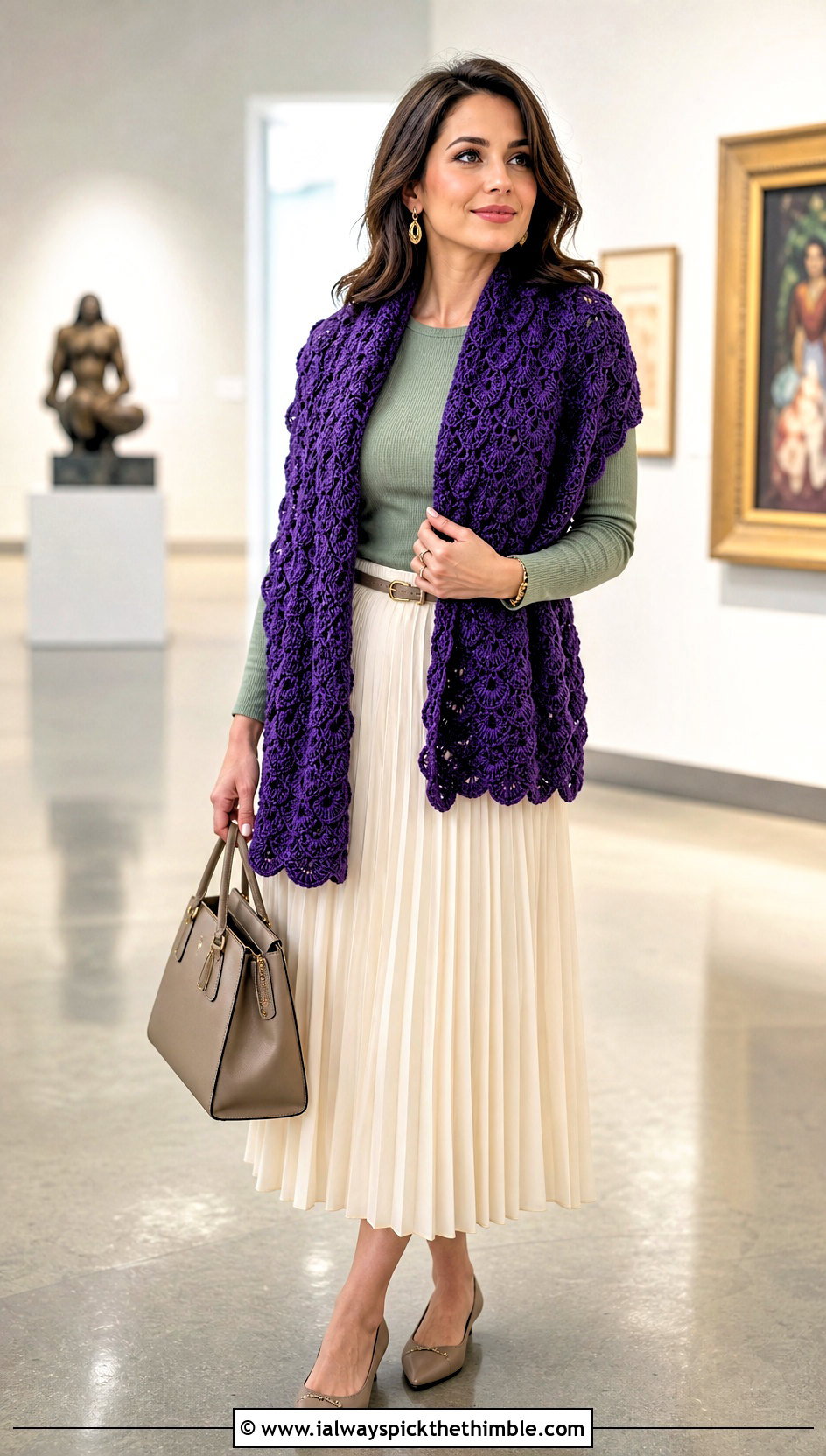 Shell Stitch Crochet Shawl Scarf With Pleated Skirt - 20 crochet shawl scarf outfit ideas