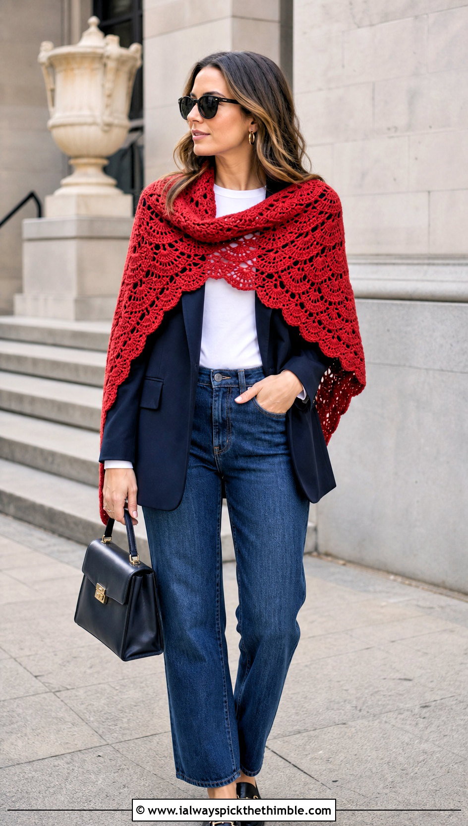 Shell Stitch Crochet Shawl With Blazer And Jeans - 20 simple crochet shawls and wraps outfit ideas