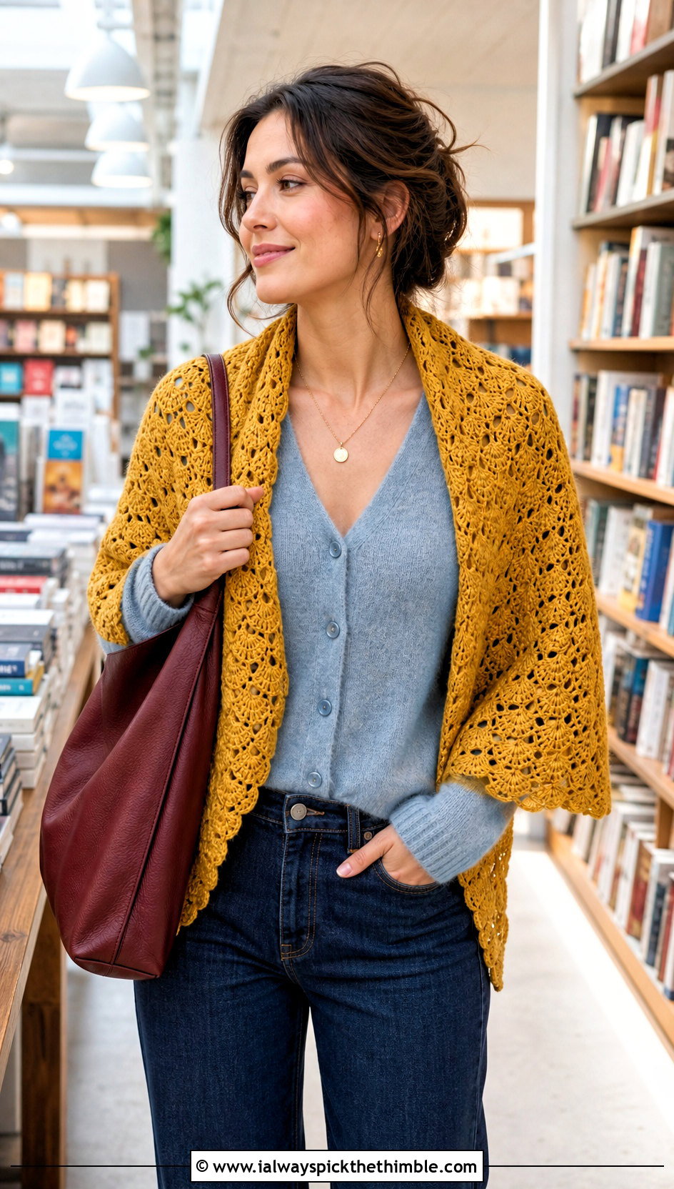 Shell Stitch Crochet Shawl With Cardigan And Straight Jeans - 20 Spring Crochet Shawl outfit ideas