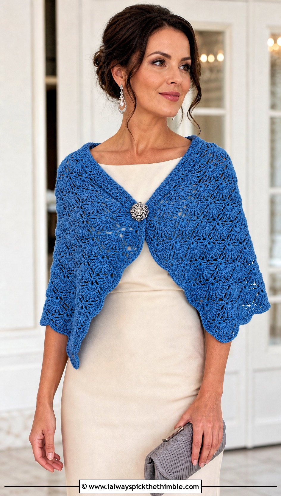Shell Stitch Crochet Shawl With Column Dress - 25 quick crochet shawl outfit ideas