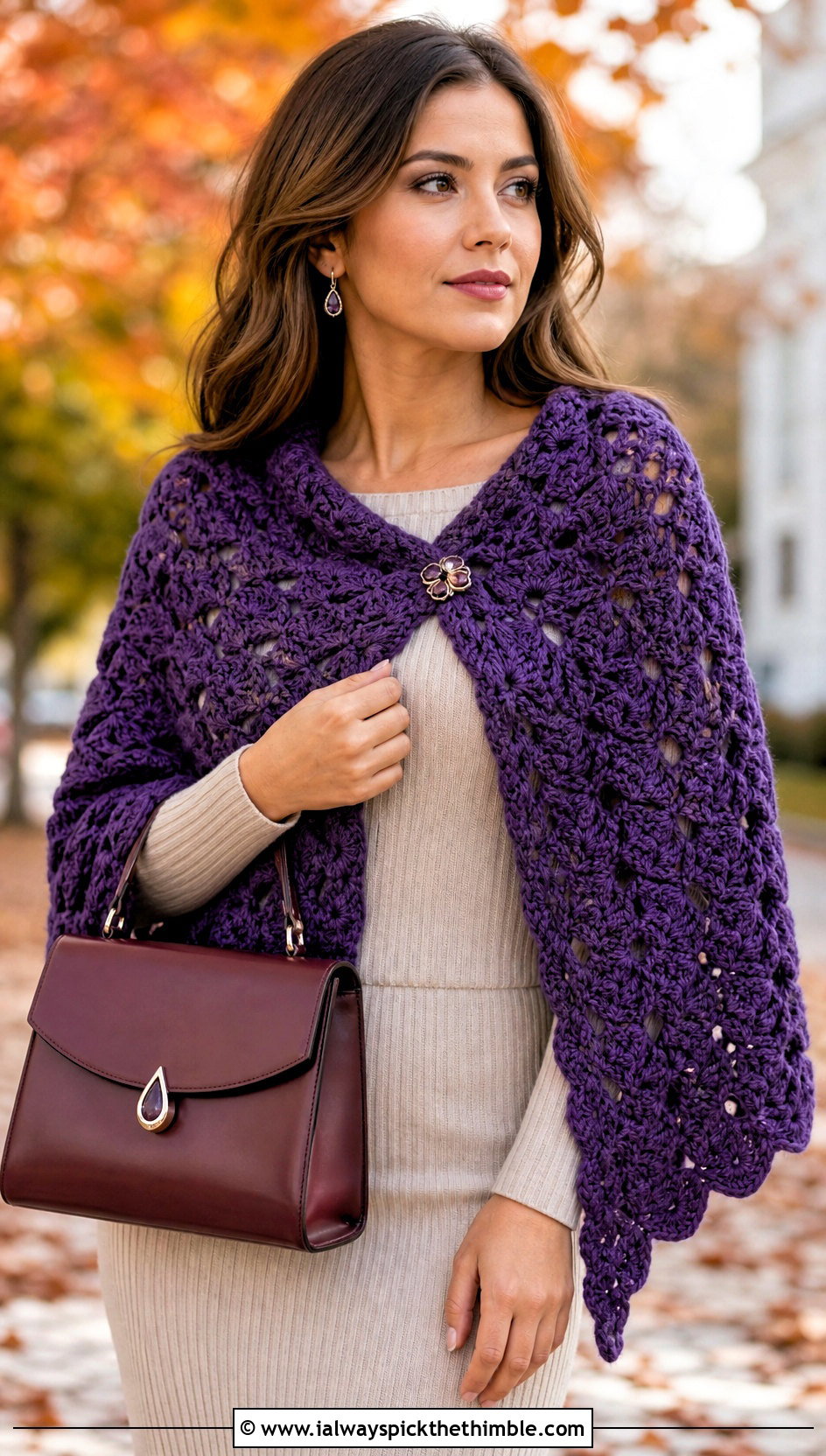 Shell Stitch Crochet Shawl With Knit Dress - 25 easy simple crochet shawl outfit ideas