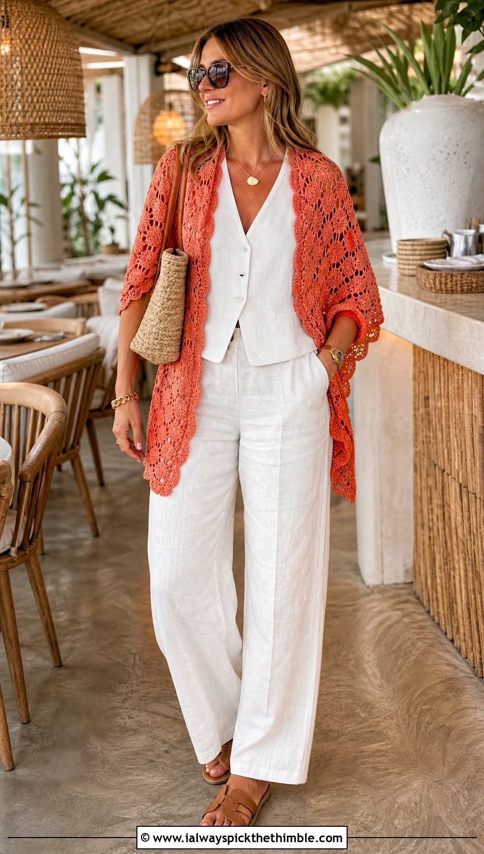 Shell Stitch Crochet Shawl With Linen Set - 25 crochet wrap shawl outfit ideas