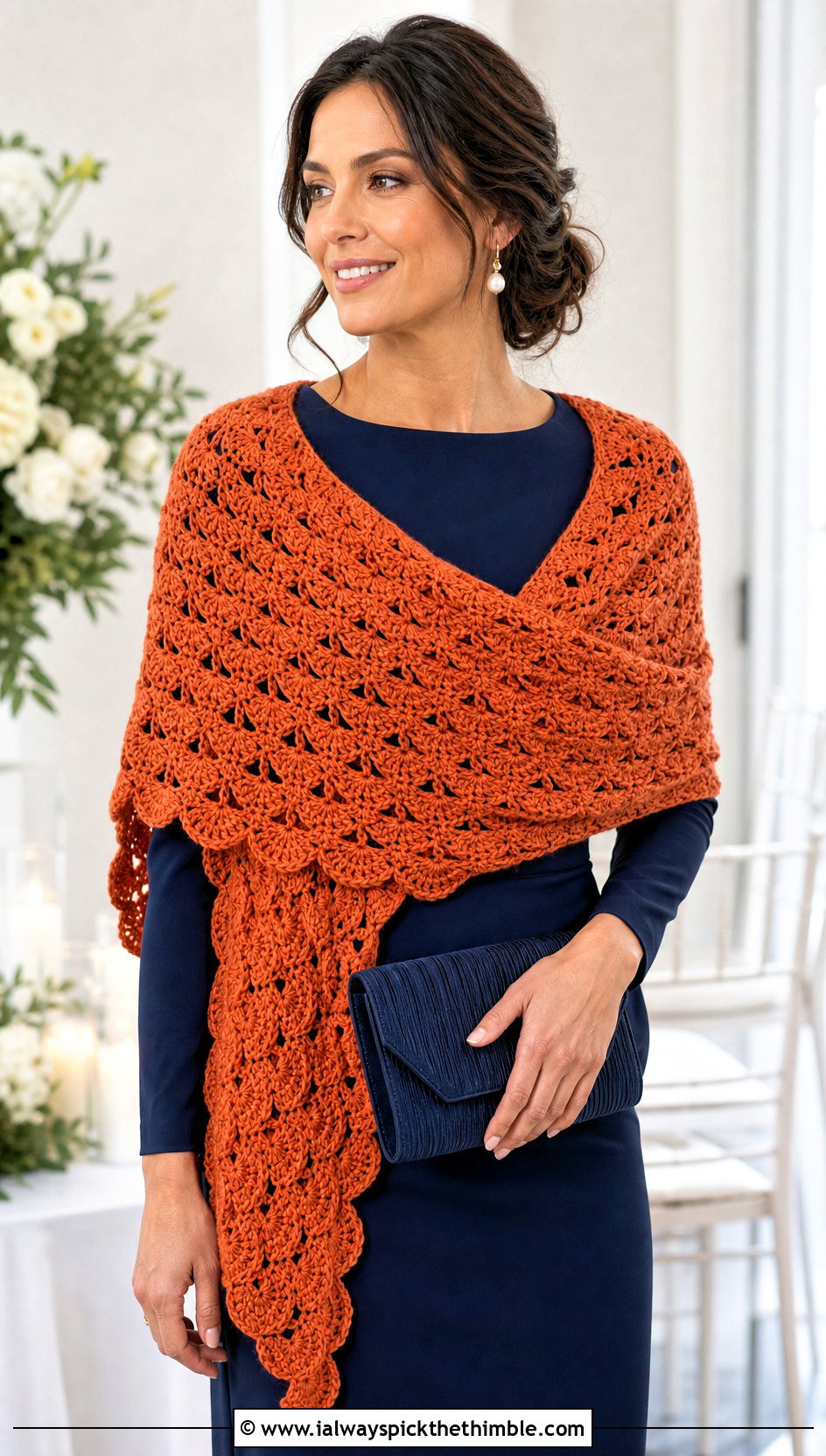 Shell Stitch Crochet Shawl With Long Sleeve Sheath Dress - 15 Winter Wedding Crochet Shawl outfit ideas