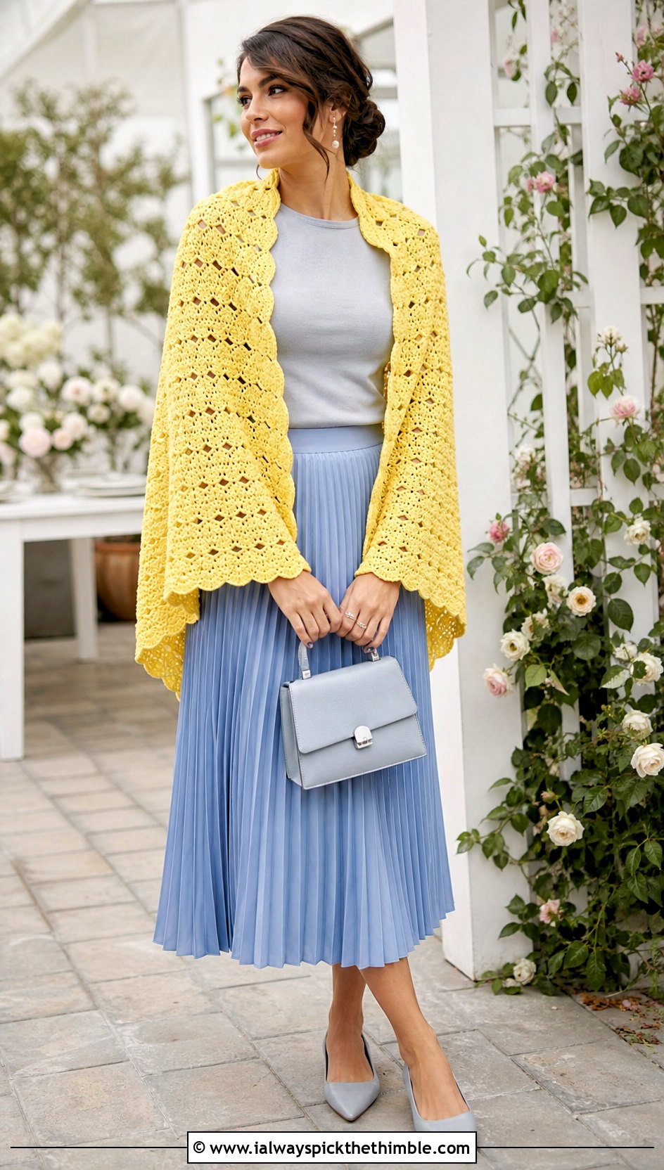 Shell Stitch Crochet Shawl With Pleated Skirt - 20 crochet for shawls outfit ideas