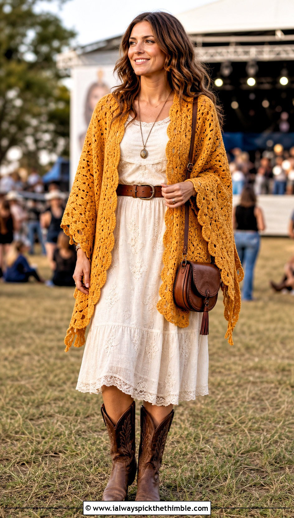 Shell Stitch Crochet Shawl With Prairie Dress And Cowboy Boots - 20 Stevie Nicks Crochet Shawl outfit ideas