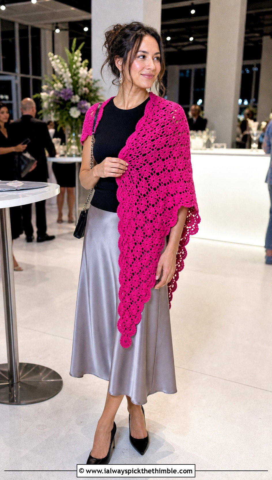 Shell Stitch Crochet Shawl With Satin Midi Skirt - 20 Crochet A Shawl outfit ideas