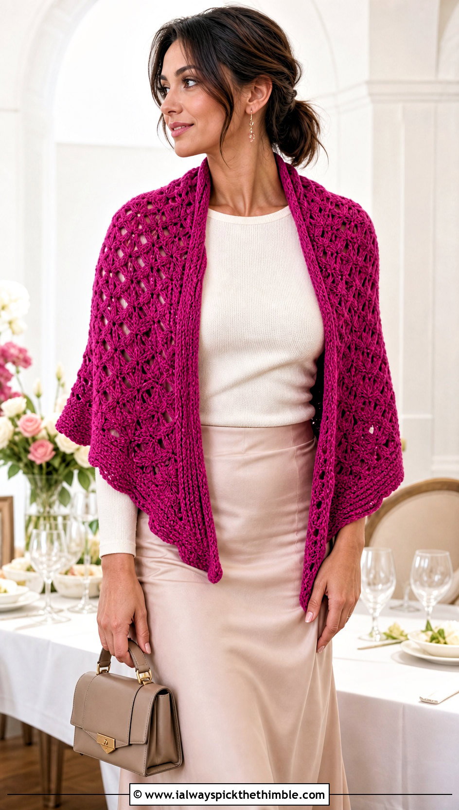 Shell Stitch Crochet Shawl With Satin Skirt And Knit Top - 25 crochet shawl outfit ideas