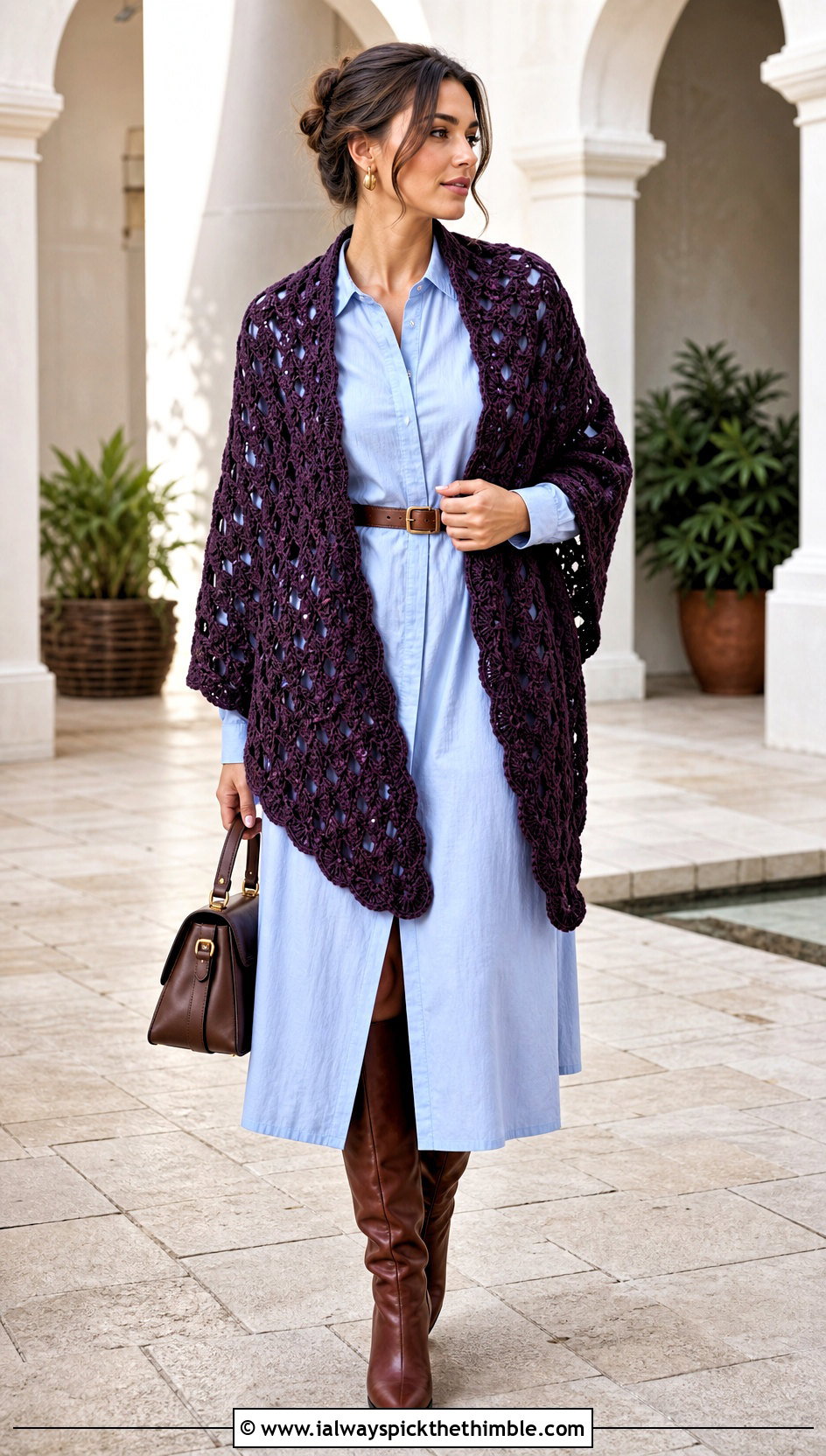 Shell Stitch Crochet Shawl With Shirt Dress - 20 beautiful crochet shawls and wraps outfit ideas