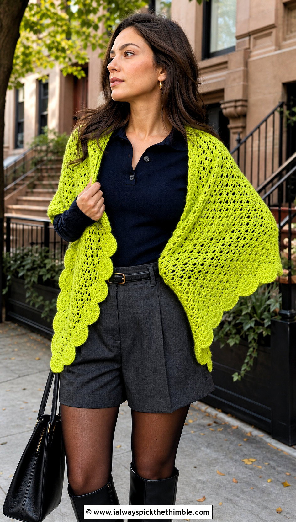 Shell Stitch Crochet Shawl With Tailored Shorts - 20 Fall Crochet Shawl outfit ideas
