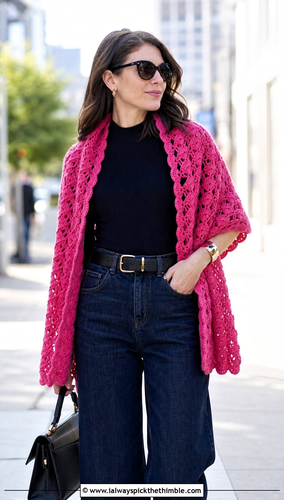 Shell Stitch Crochet Shawl With Wide Leg Jeans - 20 winter crochet shawl outfit ideas