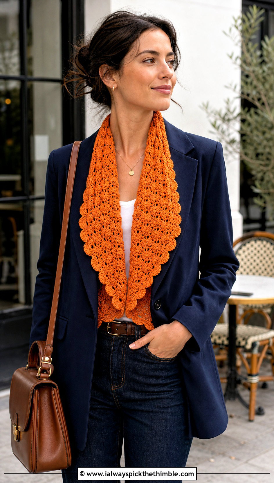Shell Stitch Crochet Shawl With a Blazer and Jeans - 20 one skein crochet shawl outfit ideas