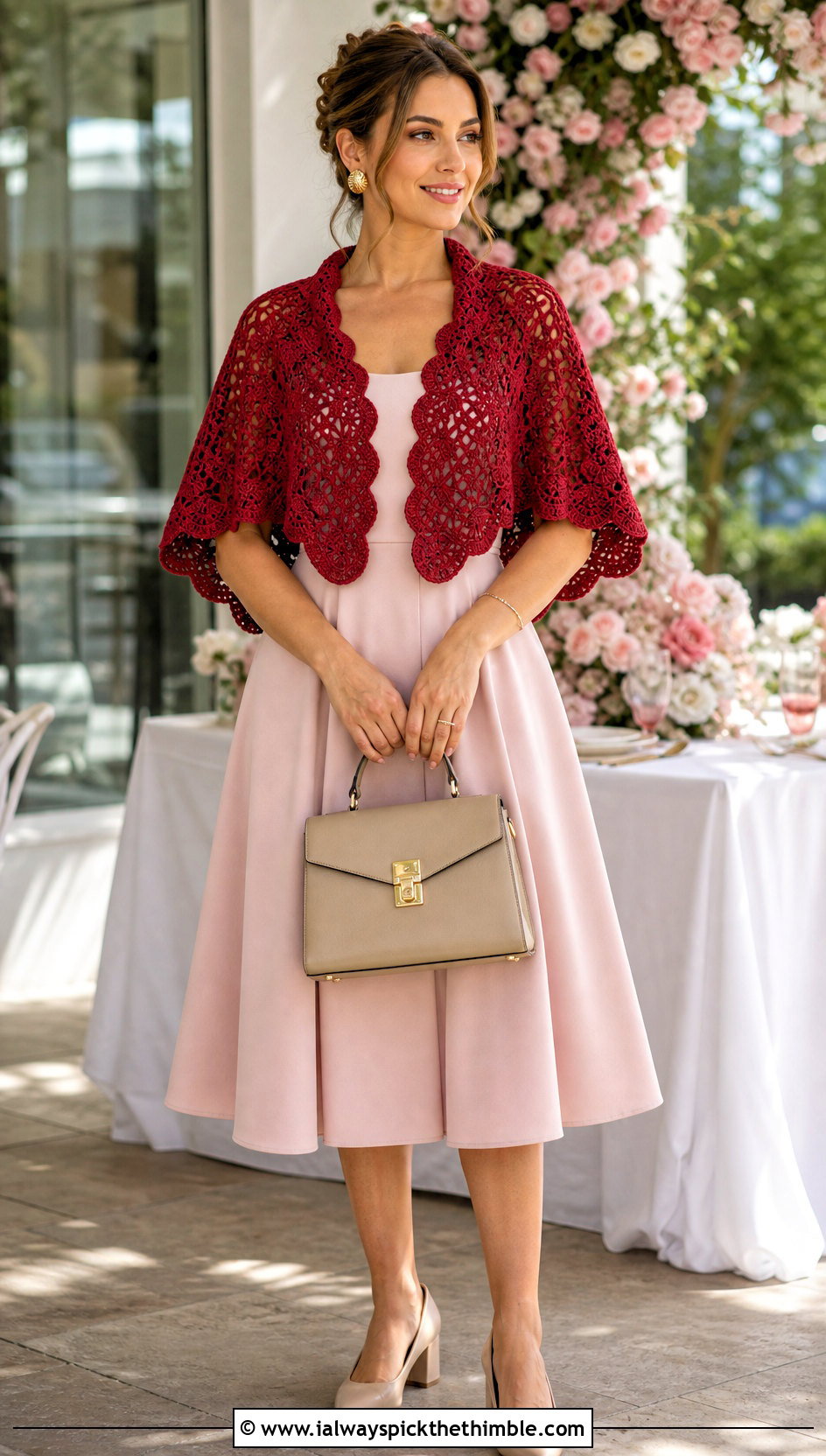 Shell Stitch Crochet Shawlette With Fit And Flare Dress - 20 Crochet For Shawl outfit ideas