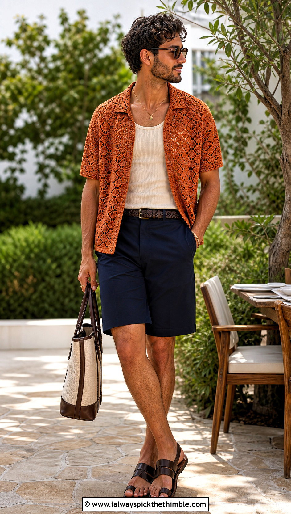 Shell Stitch Crochet Shirt With Bermuda Shorts - 25 crochet men shirt outfit ideas