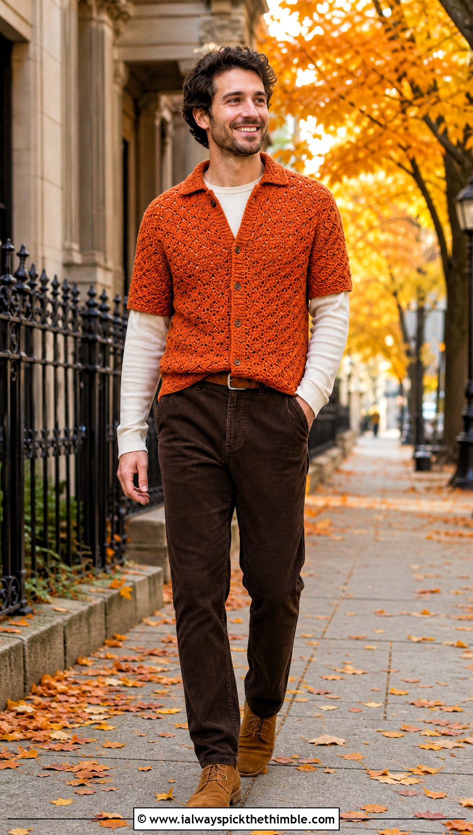 Shell Stitch Crochet Shirt With Corduroy Pants - 25 mens crochet shirt outfit ideas