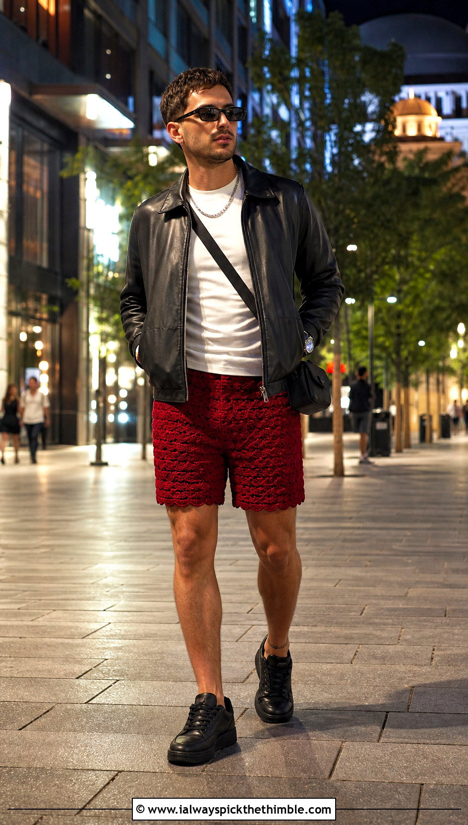 Shell Stitch Crochet Shorts With Leather Jacket - 15 Crochet Mens Shorts For Men outfit ideas