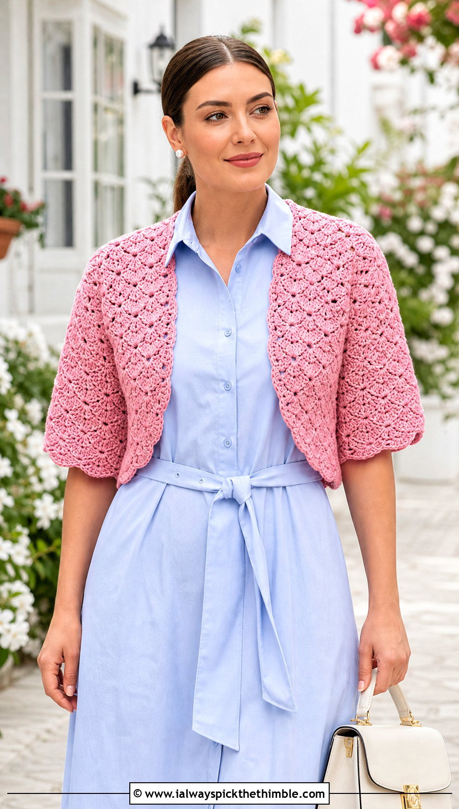 Shell Stitch Crochet Sleeve Scarf With Shirt Dress - 20 crochet sleeve scarf outfit ideas