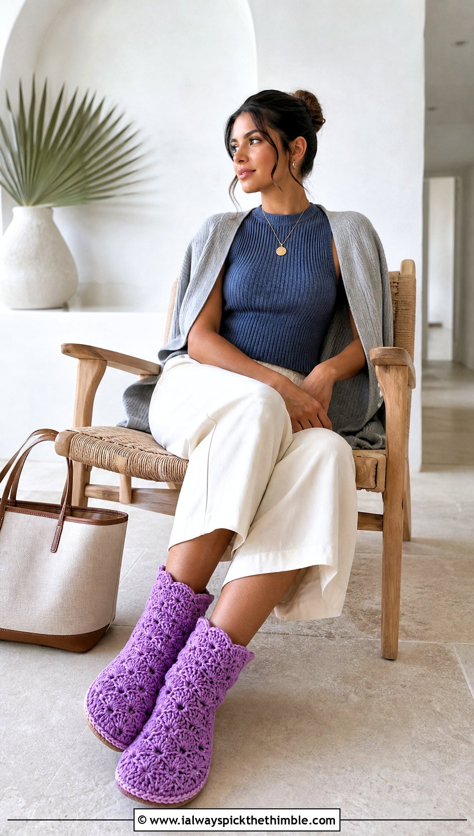 Shell Stitch Crochet Slipper Boots With Wide Leg Pants - 25 crochet slipper boots outfit ideas