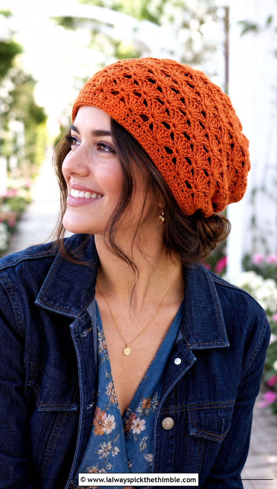 Shell Stitch Crochet Slouchy Hat With Floral Midi Dress And Jacket - 25 crochet slouchy hat outfit ideas