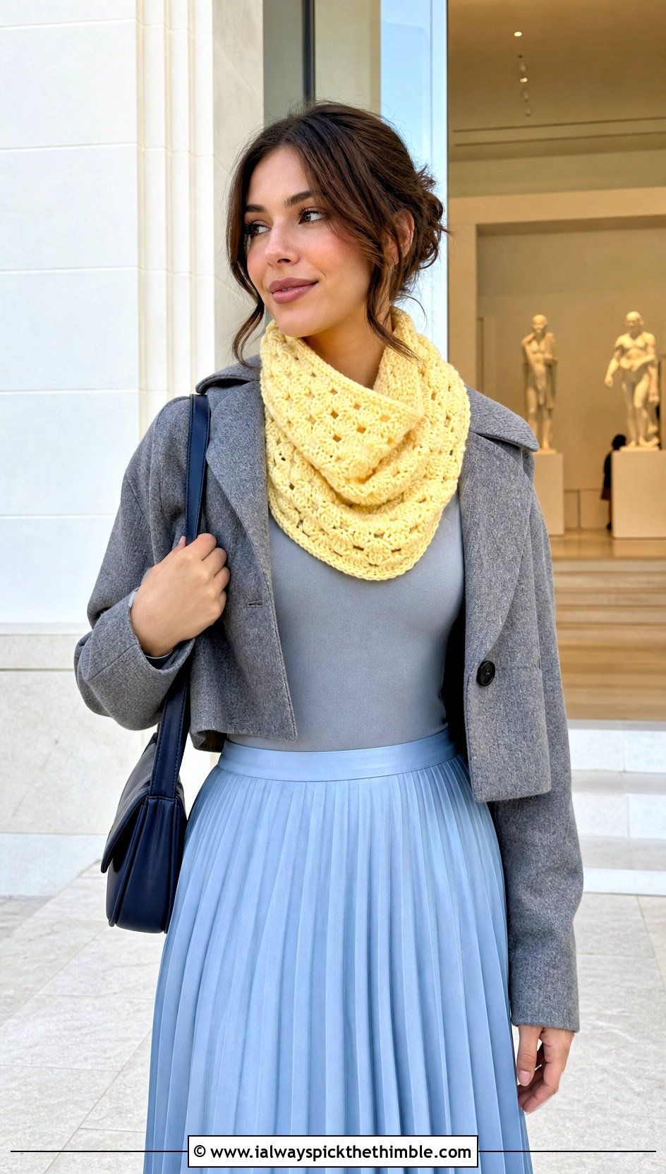 Shell Stitch Crochet Snood Cowl With Pleated Skirt - 20 crochet snood cowl outfit ideas