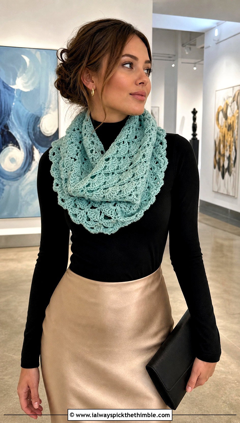 Shell Stitch Crochet Snood Scarf With Satin Skirt - 20 snood crochet scarf outfit ideas