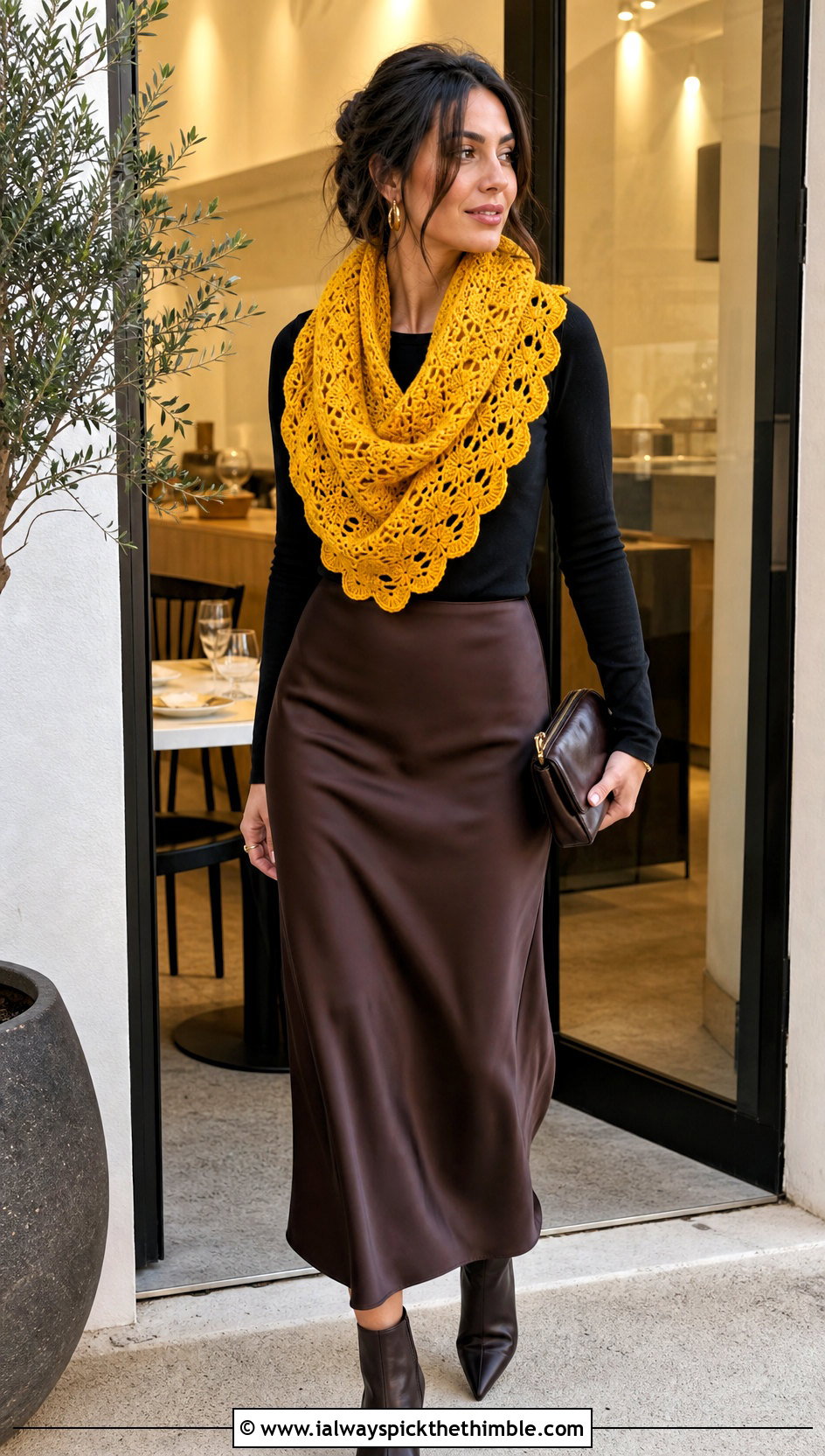 Shell Stitch Crochet Snood Scarf With Satin Skirt - 20 crochet snood scarf outfit ideas