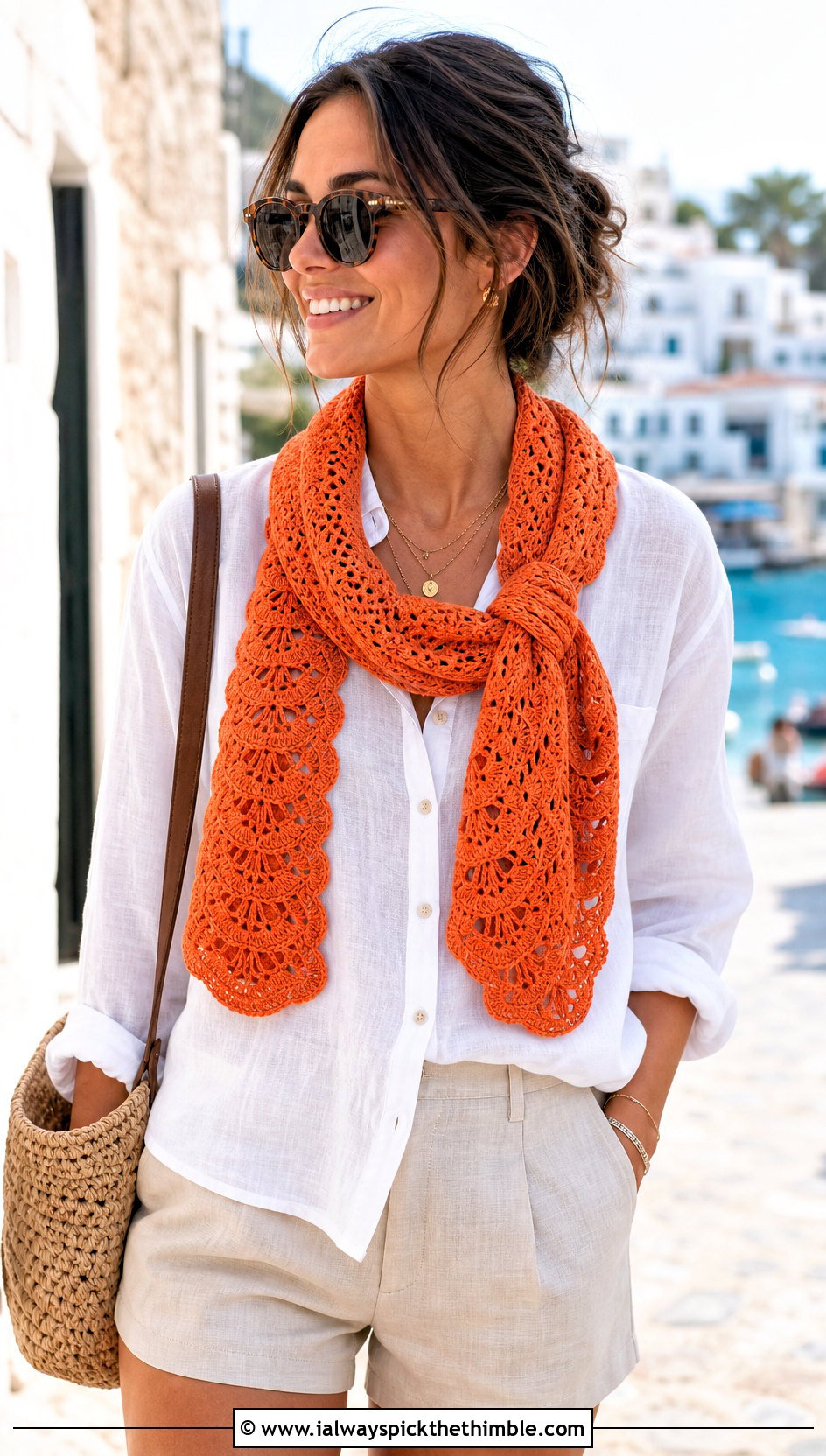 Shell Stitch Crochet Sophie Scarf With Linen Shirt And Shorts - 25 crochet sophie scarf outfit ideas