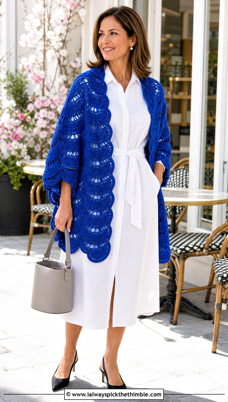 Shell Stitch Crochet Spring Wrap With Shirt Dress - 15 Crochet Spring Wrap outfit ideas