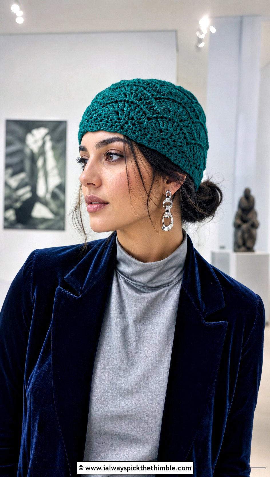 Shell Stitch Crochet Stocking Cap With Velvet Blazer - 20 crochet stocking cap outfit ideas